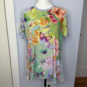 Johnny Was Floral Butterfly Short Sleeve Top, Multicolor, size L, like new!